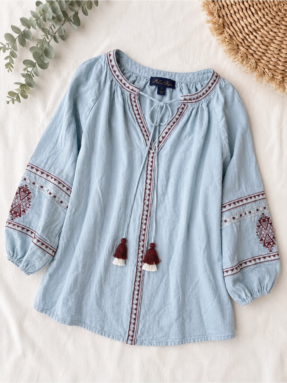 Blue Rain Embroidered Boho Peasant Tunic Top – Size Small